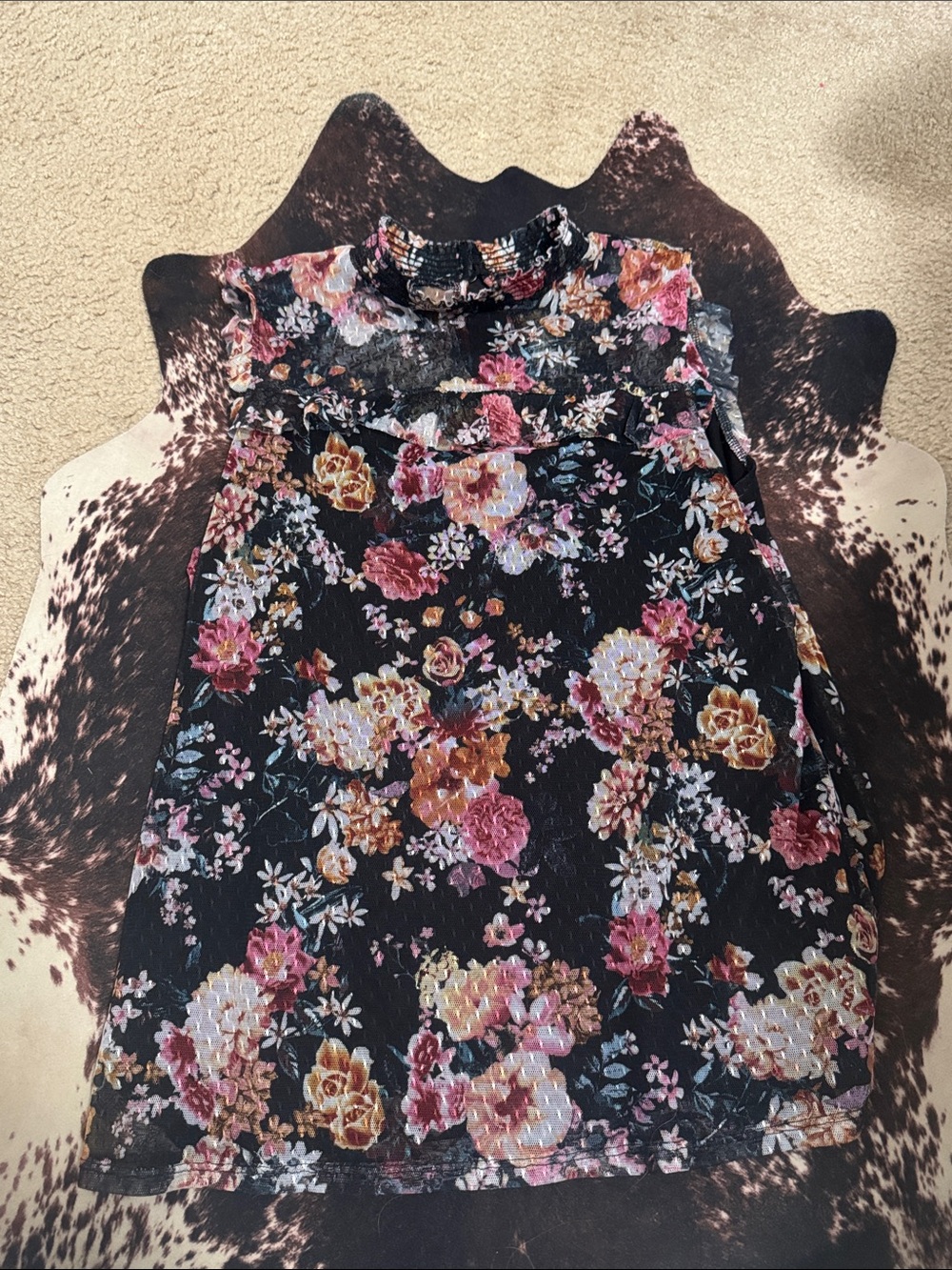 Black Floral Mock Neck Sleeveless Top